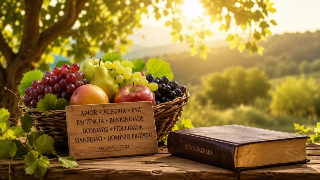 Fruto do Espírito representado por cesta de frutas ao lado da Bíblia Sagrada, simbolizando o desenvolvimento do caráter cristão conforme Gálatas 5:22-23.