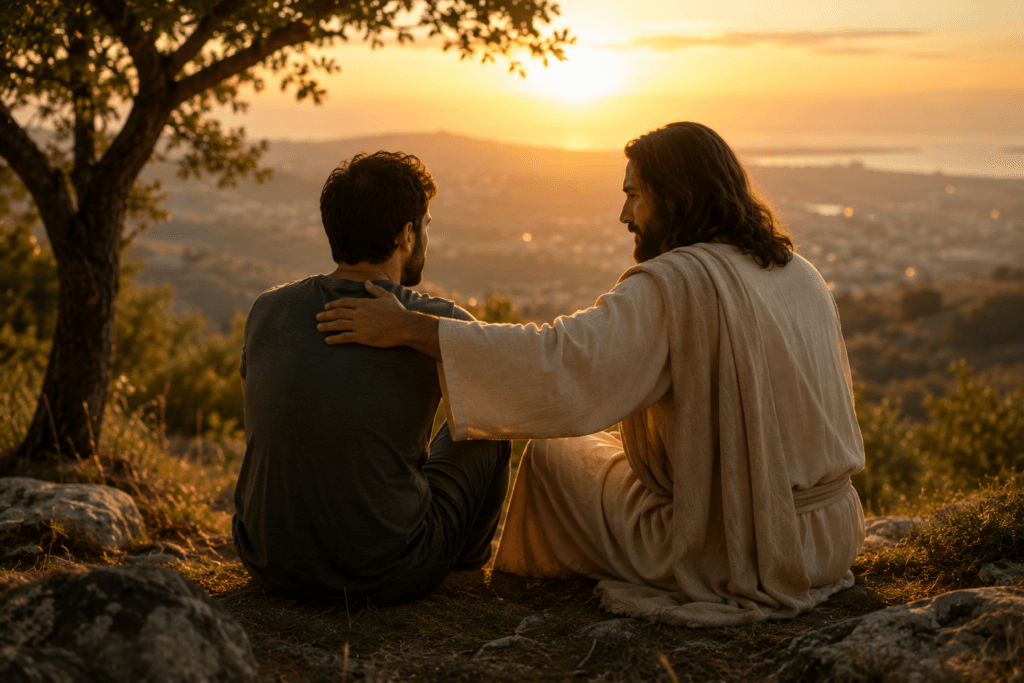 Homem sentado ao lado de Jesus Cristo contemplando o horizonte, representando amizade, cuidado e comunhão com Deus.