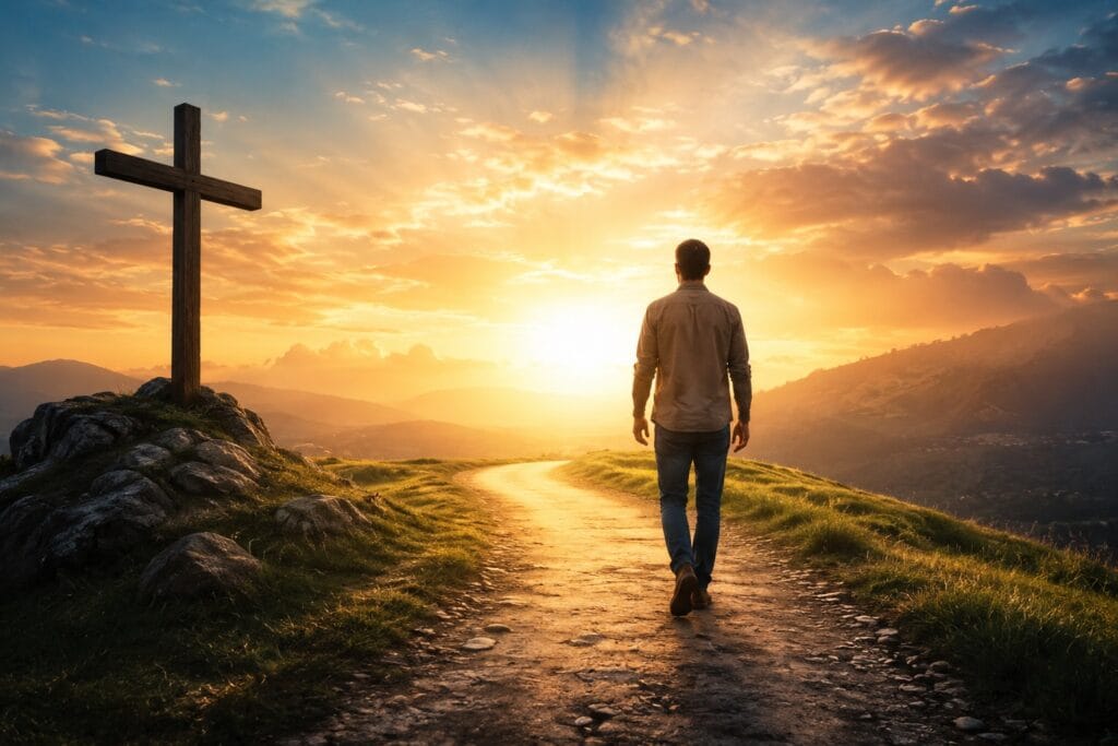 Cristão caminhando em direção à luz simbolizando a maturidade espiritual e a santificação segundo a Bíblia