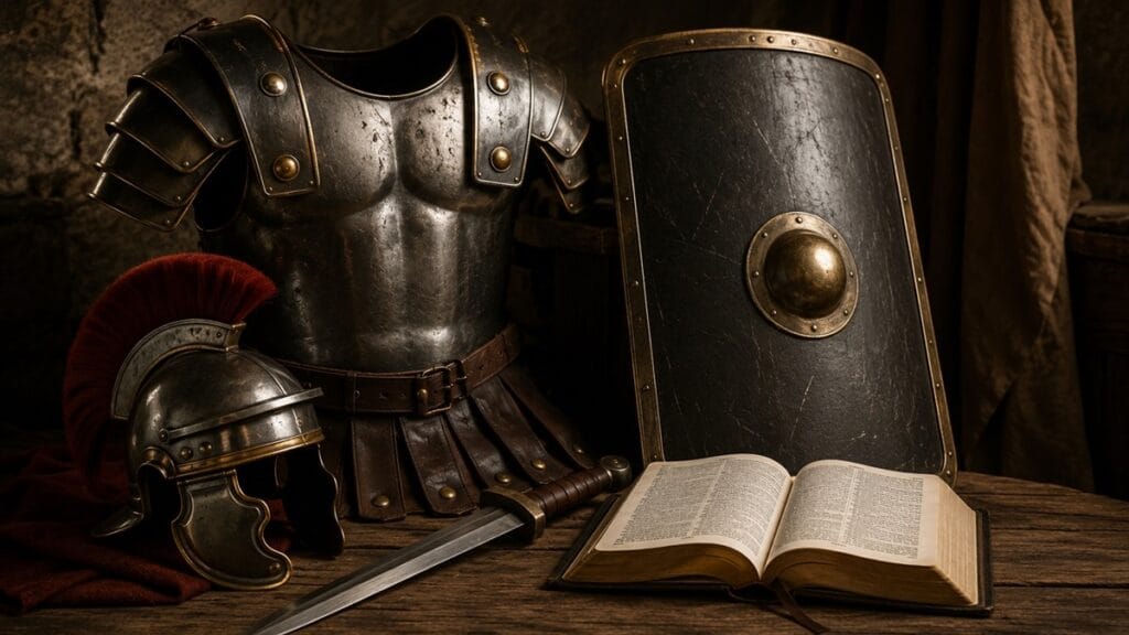 Armadura de Deus representada por uma Bíblia ao lado de uma armadura romana