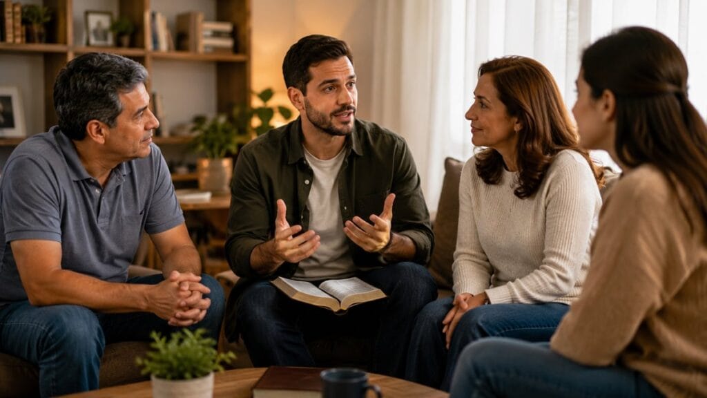 Família conversando com respeito sobre fé cristã em casa