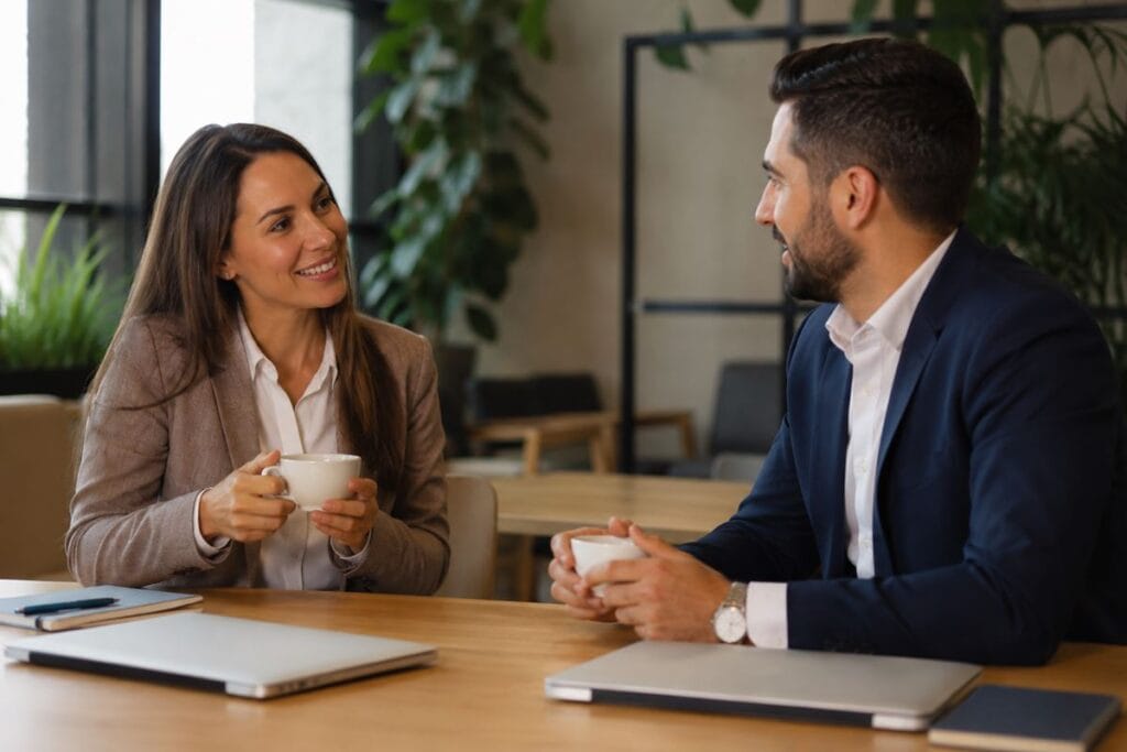 Profissionais conversando respeitosamente durante uma pausa no ambiente de trabalho