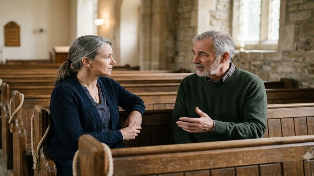 Cristãos conversando com respeito para resolver conflitos na igreja