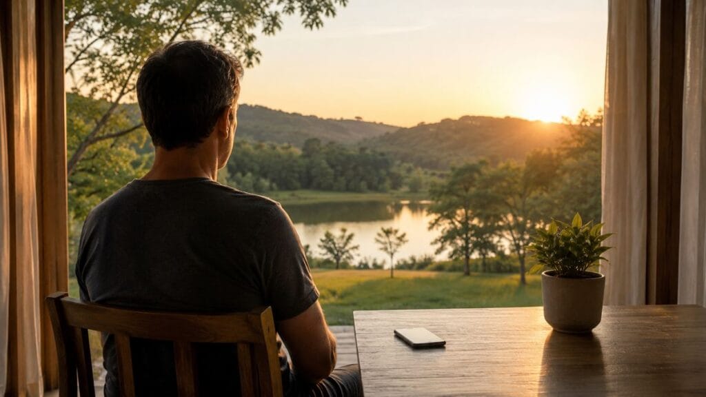 Pessoa contemplando uma paisagem tranquila com o celular desligado, representando contentamento cristão e superação da comparação.