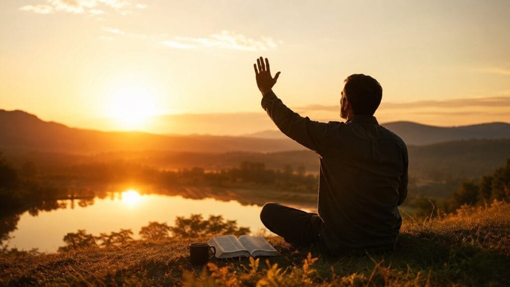 Cristão agradecendo a Deus ao amanhecer com expressão de gratidão e paz