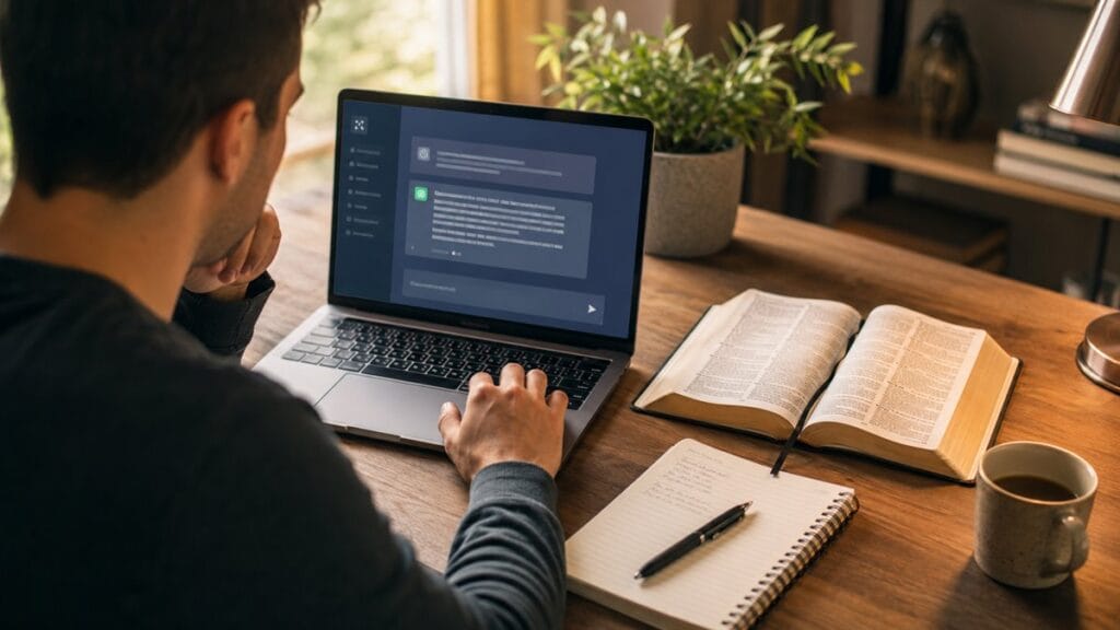 Cristão usando inteligência artificial com Bíblia aberta sobre a mesa