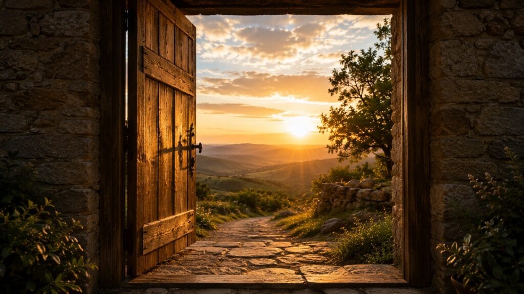 Porta de madeira aberta revelando um caminho iluminado pelo nascer do sol simbolizando a direção de Deus e novos caminhos preparados pelo Senhor