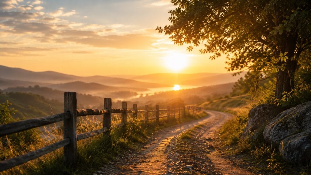 Caminho iluminado ao amanhecer simbolizando a direção e o cuidado de Deus durante tempos de espera