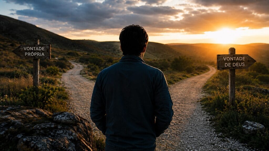 Homem diante de uma bifurcação observando os caminhos da vontade própria e da vontade de Deus ao pôr do sol