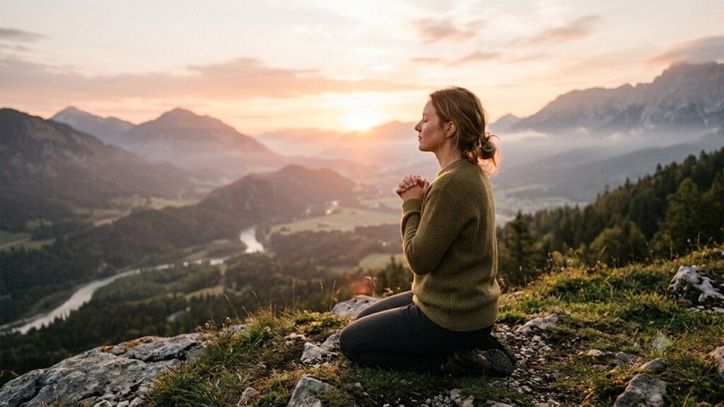 Pessoa em oração ao amanhecer contemplando a paisagem, representando esperar no Senhor e renovar as forças