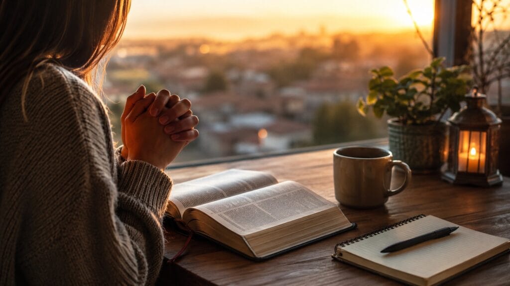 Cristão buscando intimidade com Deus através da oração e leitura da Bíblia