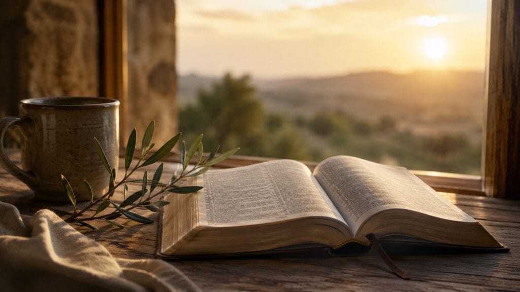 Bíblia aberta iluminada pela luz do amanhecer representando Jeová Jireh e a provisão de Deus
