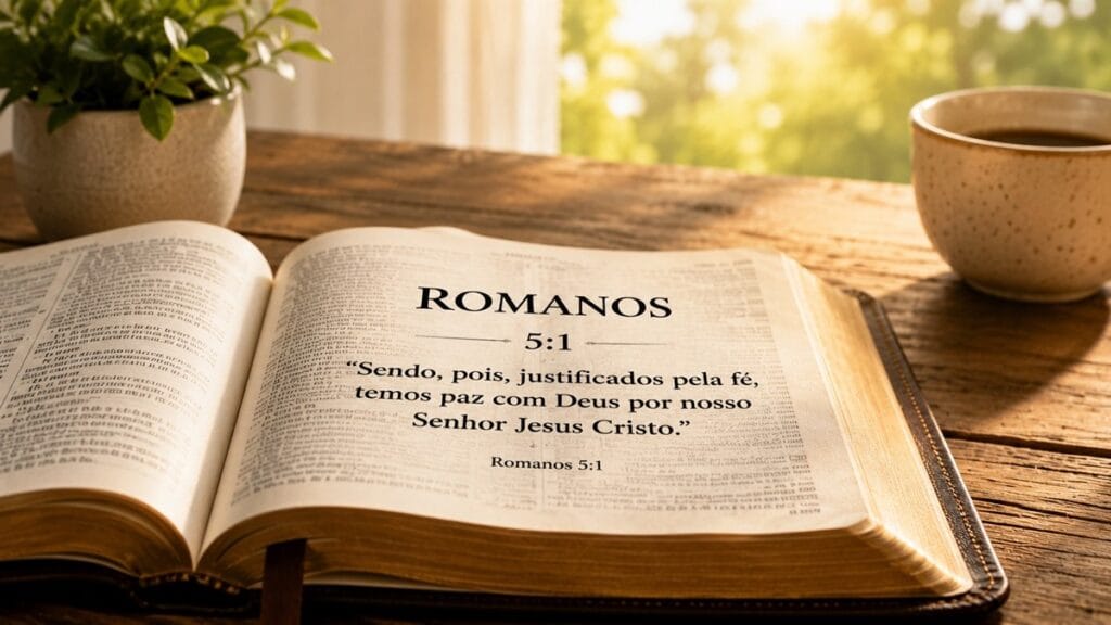 Bíblia aberta em Romanos 5 simbolizando a justificação pela fé em Cristo