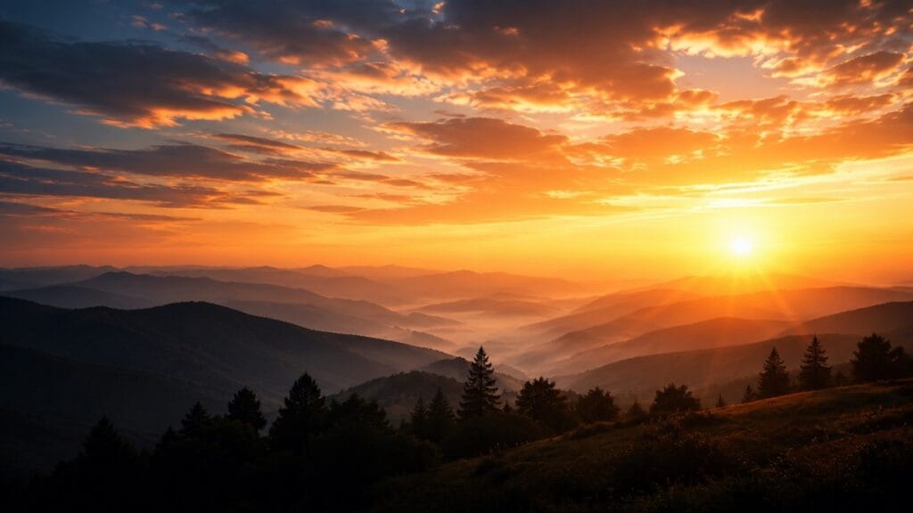 Nascer do sol iluminando montanhas e dissipando a escuridão da noite, simbolizando as misericórdias do Senhor renovadas a cada manhã