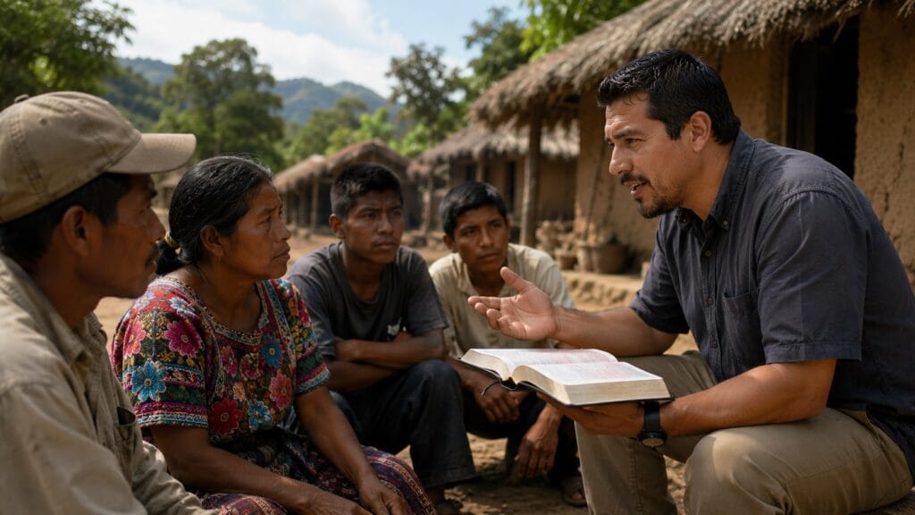 Missionário compartilhando o evangelho entre povos de cultura diferente em uma região remota
