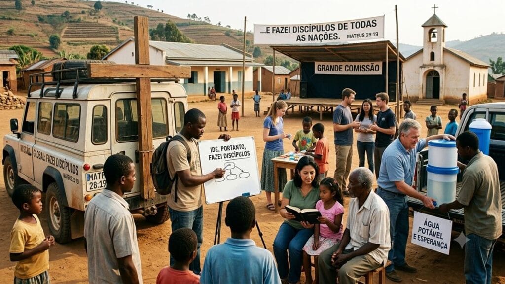 Cristãos compartilhando o evangelho em diferentes culturas representando a Grande Comissão