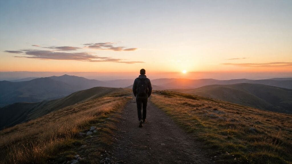 Pessoa caminhando ao amanhecer enquanto a luz atravessa um caminho escuro, representando a confiança de Salmo 27