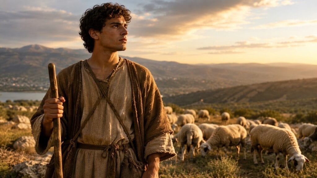 Jovem pastor observando o horizonte com ovelhas ao fundo representando Davi antes de se tornar rei