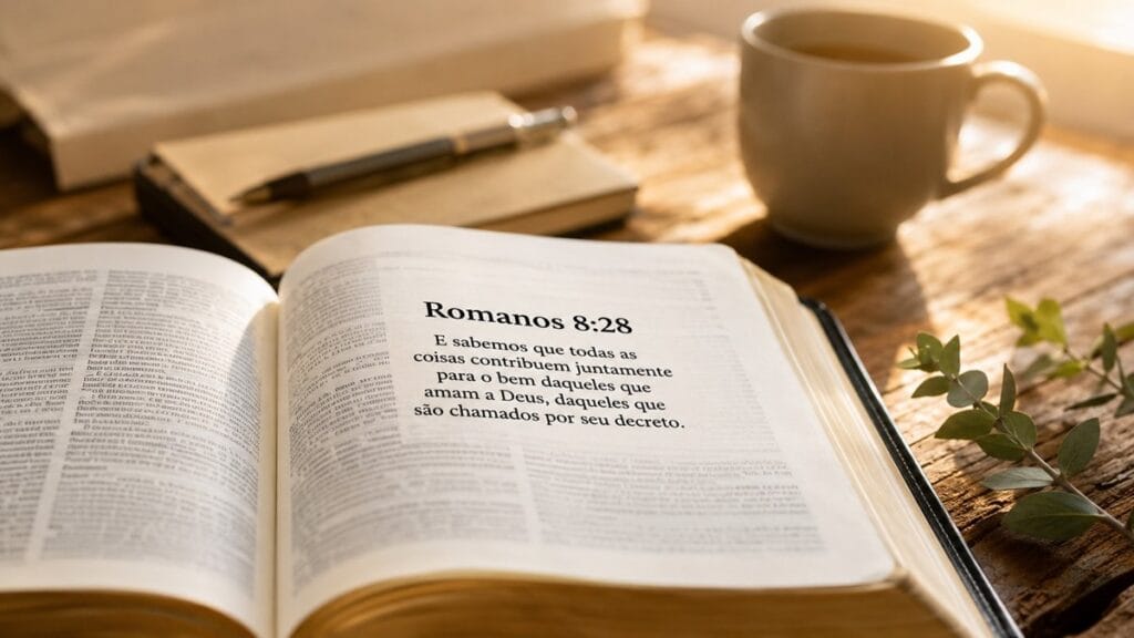 Bíblia aberta destacando Romanos 8:28 em ambiente de reflexão