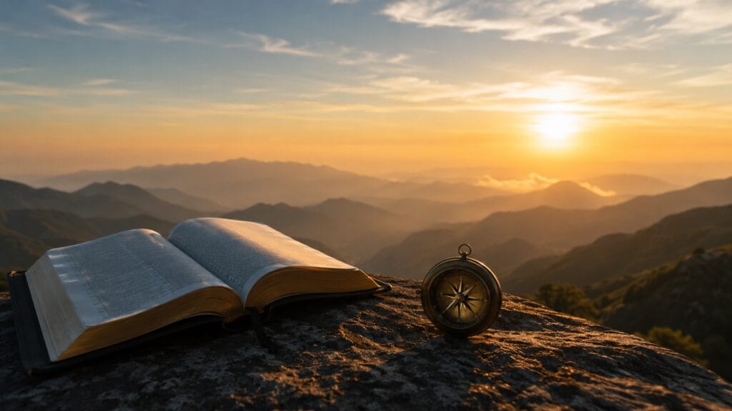 Bíblia aberta e bússola sobre uma rocha ao nascer do sol simbolizando seguir Jesus e viver segundo a direção de Deus