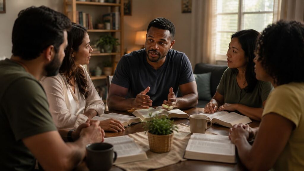 Cristãos estudando a Bíblia durante discipulado de novos convertidos