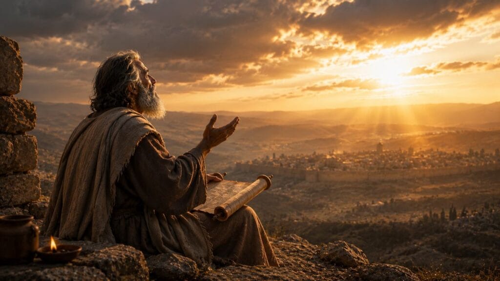 Habacuque contemplando o amanhecer enquanto mantém a fé em tempos difíceis